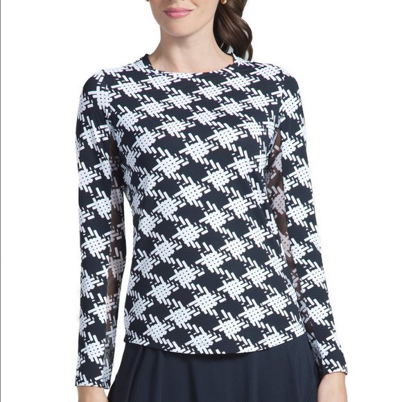 Ibkul Kimberly Print Long Sleeve Crew Neck Top in Black/White Houndstooth Size L - Picture 1 of 10